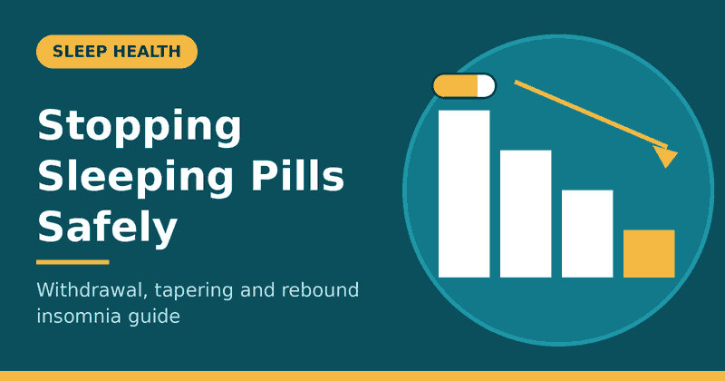 Stopping sleeping pills safely: tapering steps showing a pill and a gradual dose reduction